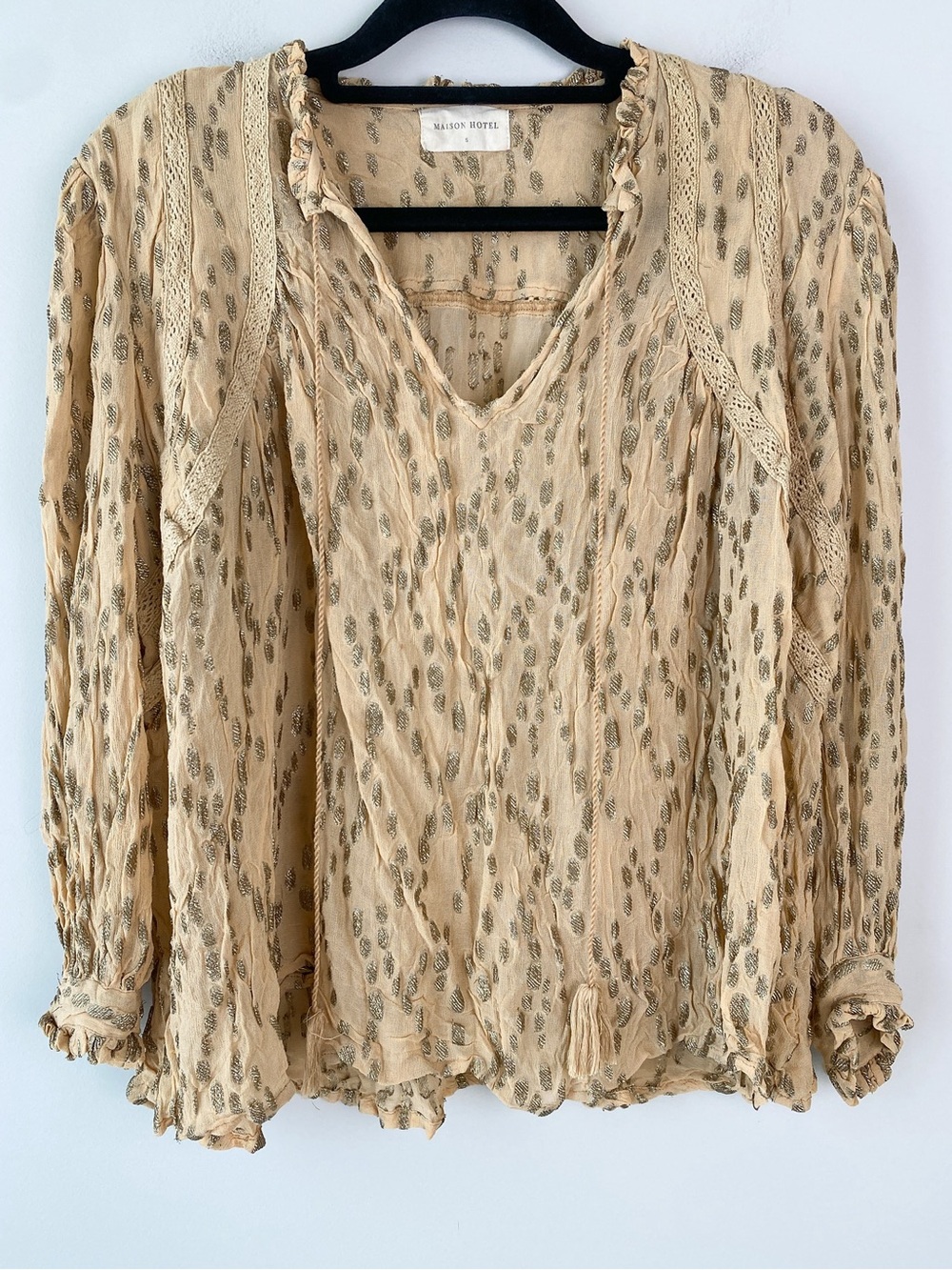 Maison Hotel Womens Blouse S Tan Metallic Printed Boho Peasant